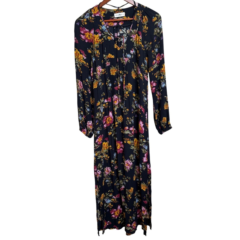Natural Life Floral V-Neck Long Sleeve Maxi Dress Small Navy Boho Slit Side - Picture 4 of 8